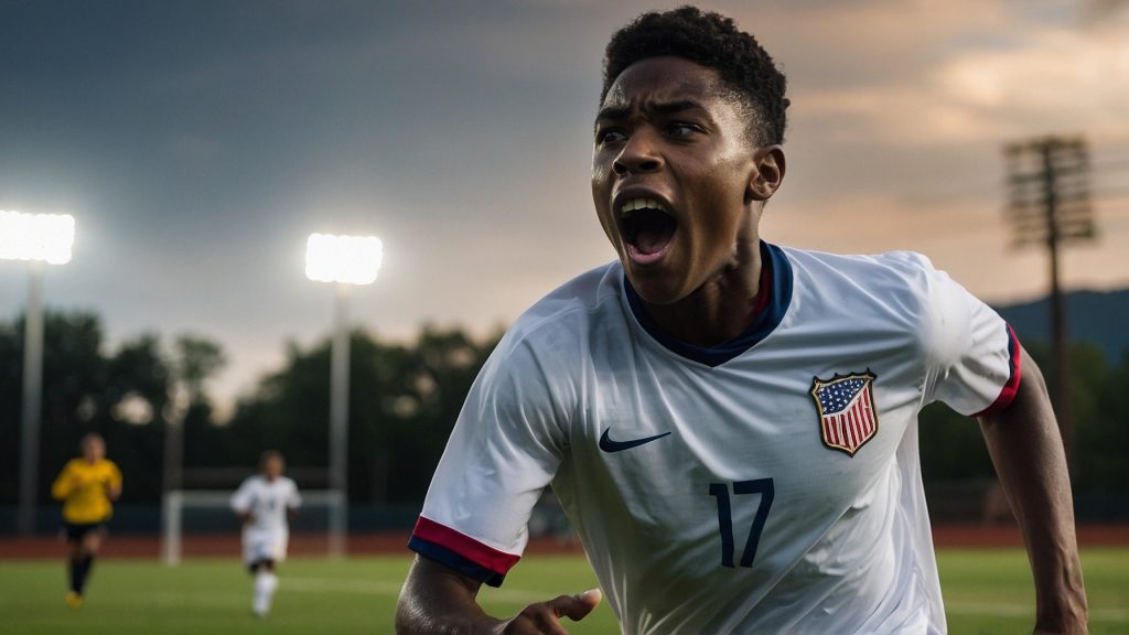 Colored student athlete celebrating after scoring a goal in soccer