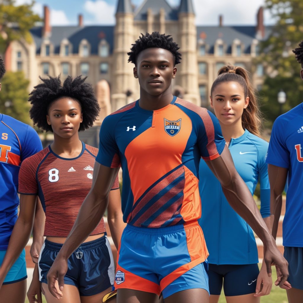 Eine diverse Gruppe von Athleten in Universitäts-Sportbekleidung steht vor einem bekannten US-Campus, symbolisiert die perfekte Verbindung von Studium und Leistungssport