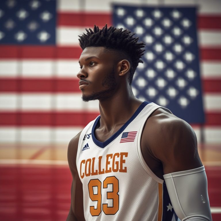 Sportler mit College-Logo auf einem Basketballfeld, im Hintergrund die US-Flagge wehend, symbolisiert den Weg zum Sportstipendium und die Verbindung zwischen Sport und Studium in den USA.