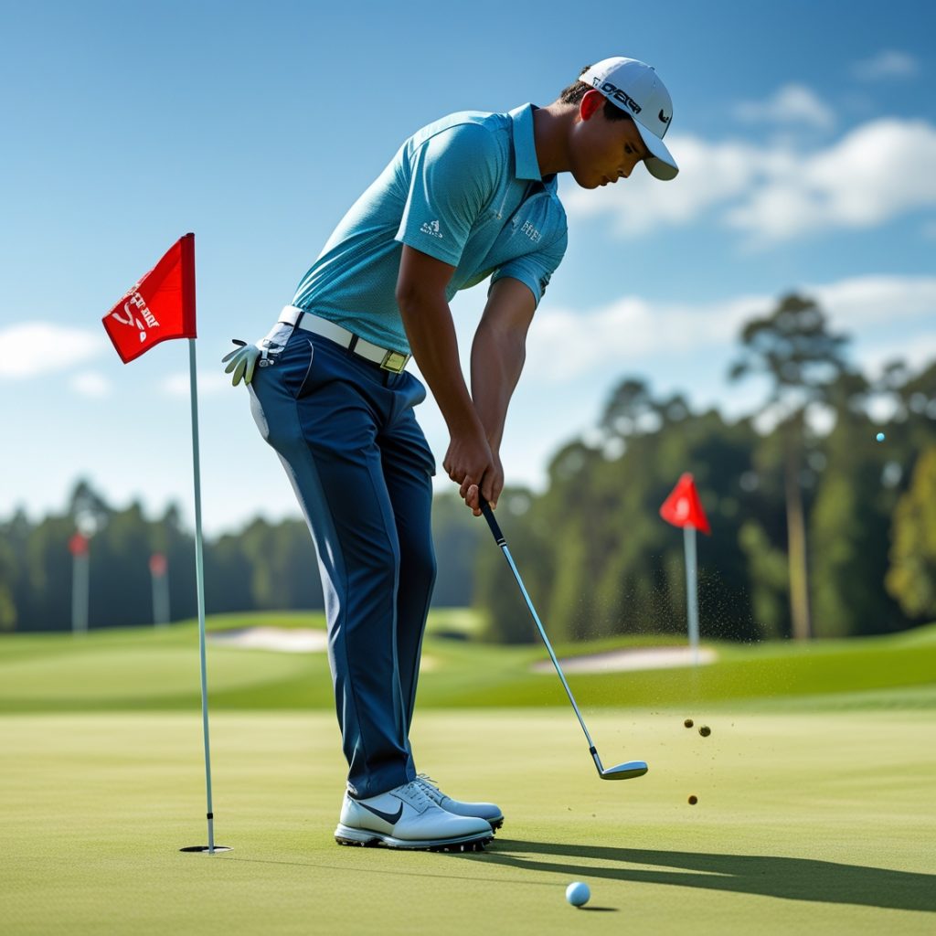 Ein junger männlicher Golfer in einem Wettkampfturnier, gekleidet in einem professionellen Golf-Outfit, schlägt mit Konzentration und Ehrgeiz einen Golfball auf einem sonnigen Golfplatz. Der Hintergrund zeigt ein weites, grünes Feld mit Golf-Fahnen und einem strahlend blauen Himmel. Das Bild vermittelt den Geist von Erfolg und ambitioniertem Streben nach Exzellenz – perfekt für einen Artikel über das Golfstipendium USA und die Chancen, die der Weg zum Golfsport bietet.