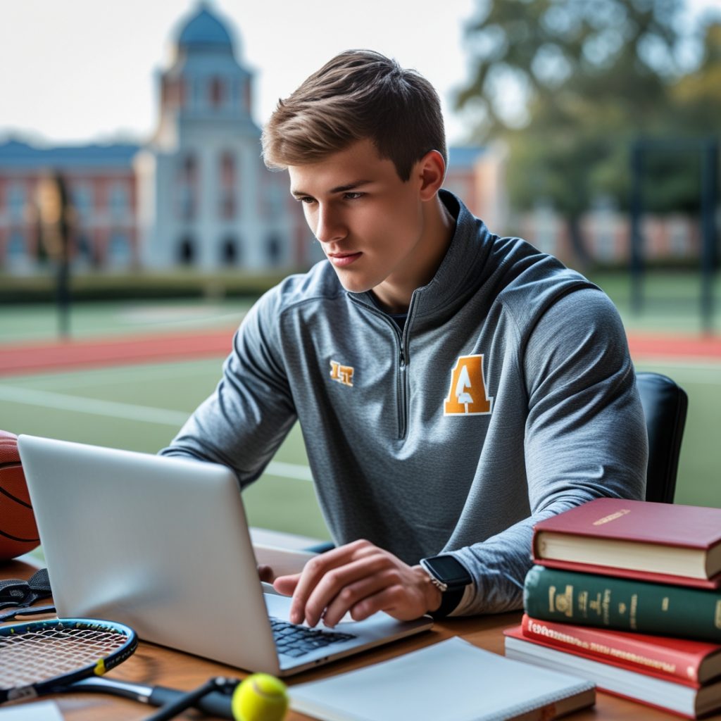 Ein junger, ehrgeiziger Athlet sitzt an einem Schreibtisch, konzentriert auf seinen Laptop, während er eine E-Mail an einen College-Coach verfasst. Um ihn herum liegen Sportausrüstungen wie ein Fußball, Tennisschläger und Laufspikes, die seine Leidenschaft für den Sport zeigen. Zusätzlich sind Bücher auf dem Tisch, die für seinen akademischen Ehrgeiz stehen. Der Hintergrund lässt subtile Hinweise auf College-Logos oder den Campus einer US-Universität erkennen und vermittelt eine Atmosphäre von Entschlossenheit und dem Streben nach einem Sportstipendium.