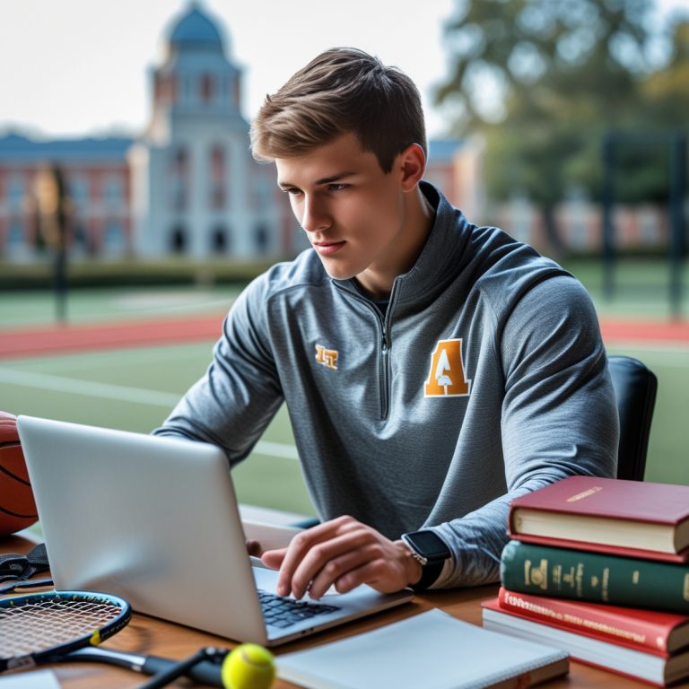 Ein junger, ehrgeiziger Athlet sitzt an einem Schreibtisch, konzentriert auf seinen Laptop, während er eine E-Mail an einen College-Coach verfasst. Um ihn herum liegen Sportausrüstungen wie ein Fußball, Tennisschläger und Laufspikes, die seine Leidenschaft für den Sport zeigen. Zusätzlich sind Bücher auf dem Tisch, die für seinen akademischen Ehrgeiz stehen. Der Hintergrund lässt subtile Hinweise auf College-Logos oder den Campus einer US-Universität erkennen und vermittelt eine Atmosphäre von Entschlossenheit und dem Streben nach einem Sportstipendium.