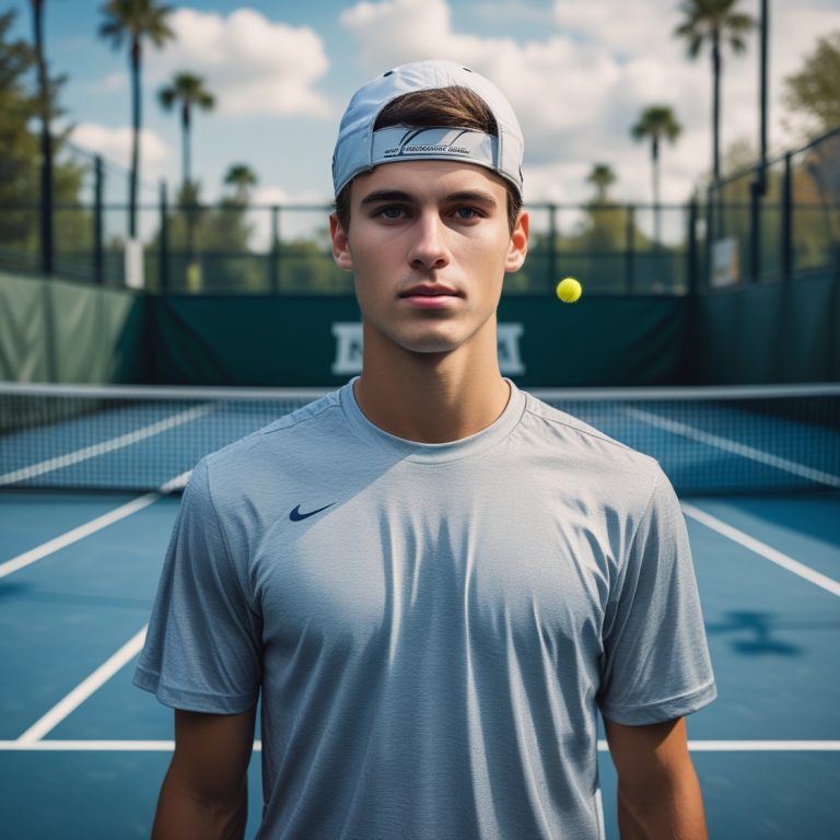Junger Tennisspieler auf einem Tennisplatz, bereit für ein Tennisstipendium USA, mit dem amerikanischen College-Campus im Hintergrund. Motiviert und fokussiert auf die Zukunft.