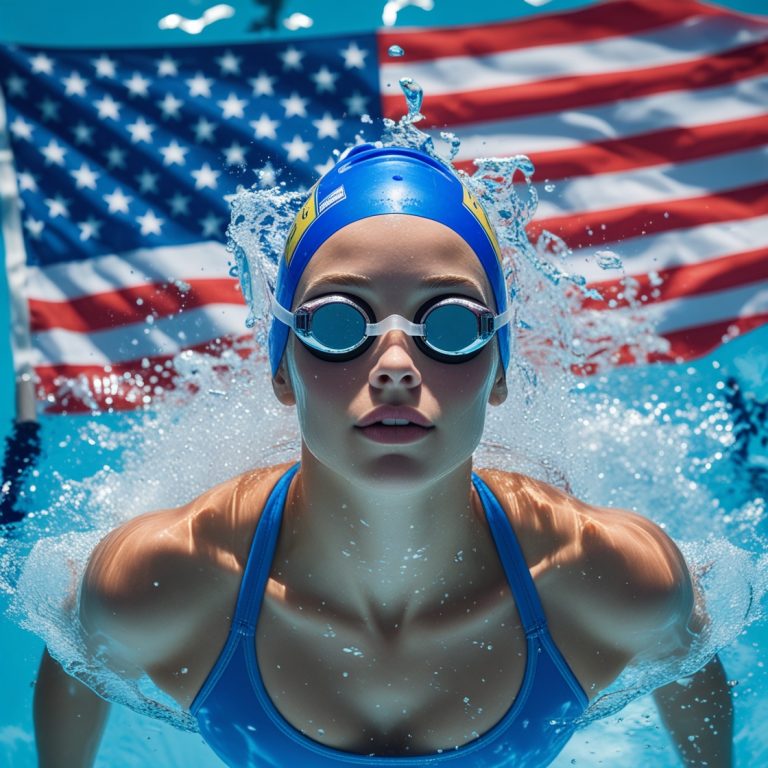 Eine junge Schwimmerin, die mit voller Entschlossenheit in das Wasser eines Schwimmbads eintaucht, symbolisiert ihren ehrgeizigen Weg zu einem Schwimmstipendium in den USA. Im Hintergrund weht die amerikanische Flagge subtil im Wind, während der Fokus auf der Schwimmerin liegt, die mit klarer Zielstrebigkeit und innerer Stärke eine neue Lebenschance ergreift. Die helle Farbpalette und der strahlend blaue Himmel schaffen eine Atmosphäre von Energie, Erfolg und Motivation – eine visuelle Darstellung der Reise, die vor ihr liegt, und der Möglichkeit, ihre Träume zu verwirklichen.